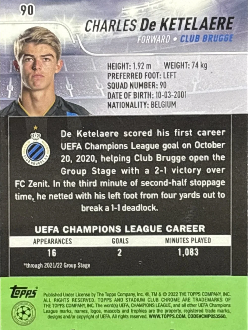 Topps Charles De Ketelaere Soccer Trading Card Holo